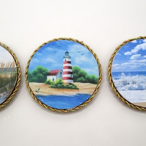 Set of THREE handcrafted Beach theme magnets two inch round colorful ocean scenes strong magnets for refrigerators or any metal surface