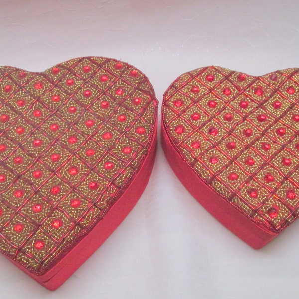Red satin and rhinestone heart shaped boxes, sturdy , good quality, 2 sizes, Valentine Love gift boxes   Vintage boxes