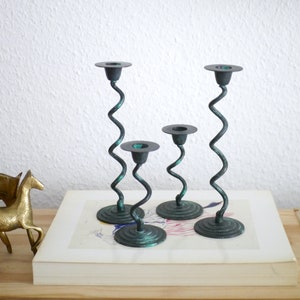 Swirled CANDLESTICKS set, green weathered antik look metal / set of 2 or 4