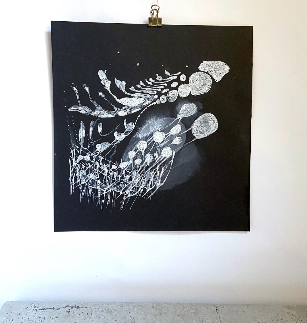 Original Surreal Ink Drawing – White on Black Paper, Contemporary Fine ...