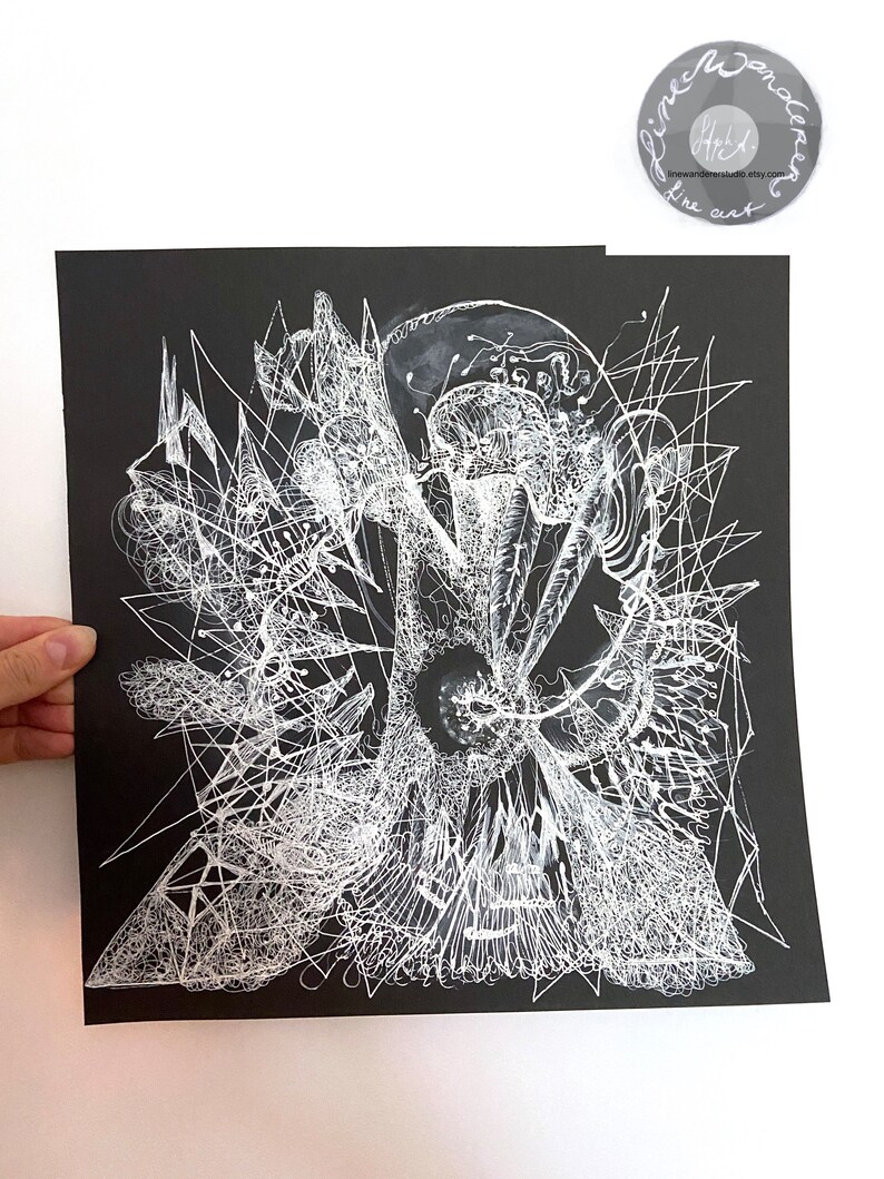 Original White Ink Drawing – Surreal Art on Black Paper - Etsy UK