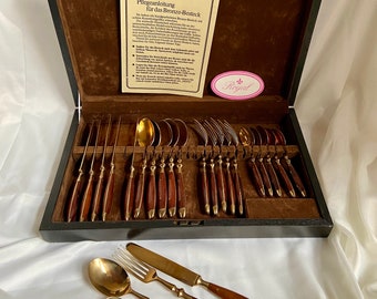 Royal Vintage Besteck-Set Rosenholz und Bronze Luxuriöses 24-teiliges Besteck / Sechs-Personen-Set mit Aufbewahrungsbox aus Holz