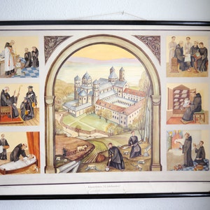 May include: A vintage educational poster depicting scenes from a medieval monastery. The poster features illustrations of monks performing various tasks, including praying, working in the fields, and studying in the library. The poster also includes a detailed illustration of the monastery itself, with its many buildings and gardens. The text on the poster reads "Klosterleben im 12. Jahrhundert" which translates to "Monastery Life in the 12th Century".
