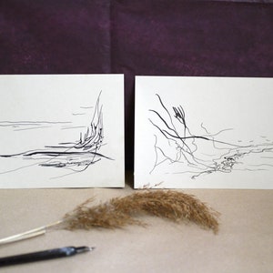 Original contemporary fine art ink drawing, minimal lines, ocean shore, set of 2