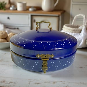 Emaille Blaue Runde Brotdose mit weißen Punkten - Nostalgische Küchendose