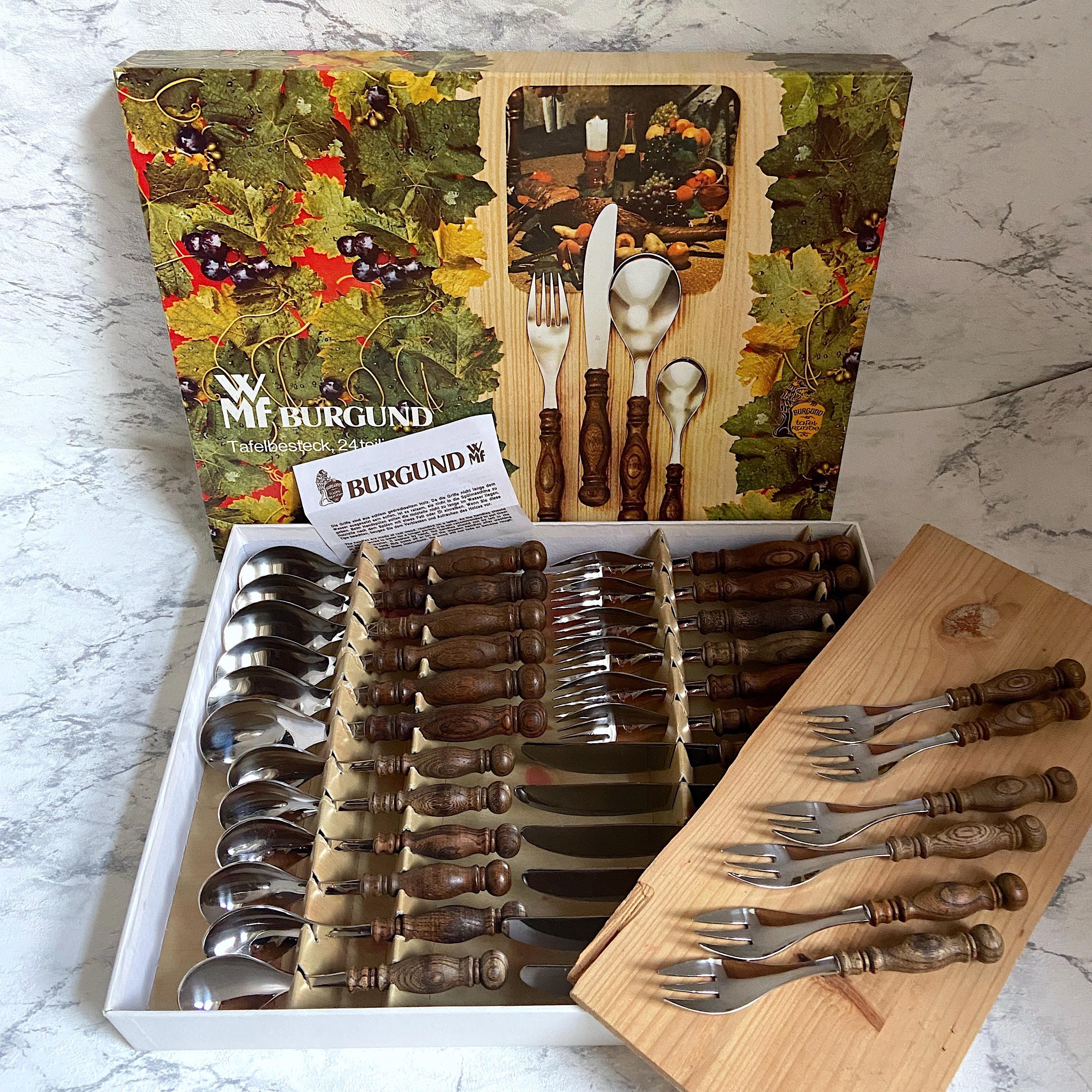 Vintage WMF Cutlery Set Burgund Rustic Wooden Handles