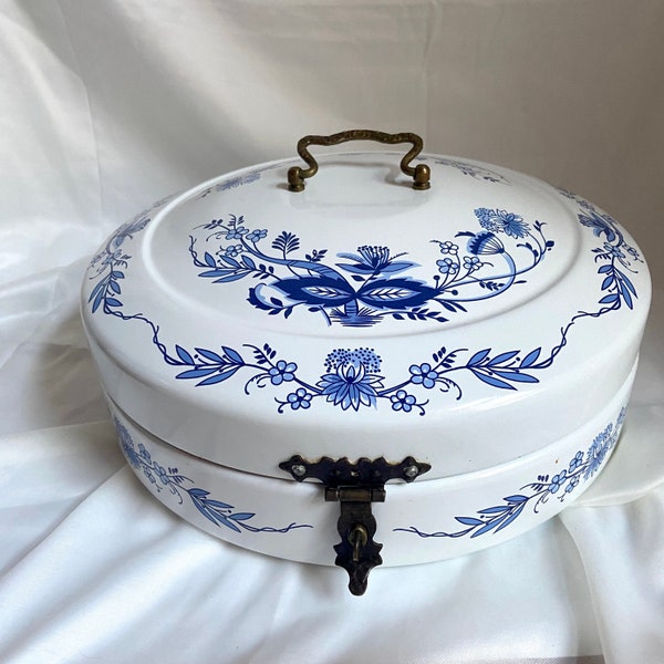 Rare boîte à pain nostalgique émail forme ronde unique avec motif oignon en bleu