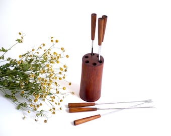 Mid Century fondue forks, Set of six fondue forks teak wood and stainless steal in stylish storage block