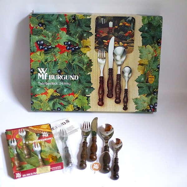 Vintage WMF Besteck-Set Burgund Rustikale Holzgriffe Mittelalter Burg Festlichkeiten, 24 Teilig für 6 Personen Plus 6 Kuchengabeln / Optional