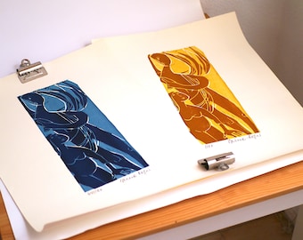 Grabado original en madera, impresión artística coleccionable vintage figurativa de los años 50/60