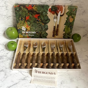 Vintage WMF Besteck Set Burgund - Rustikale Holzgriffe Snack Frühstück Set, 12teilig für 6 Personen