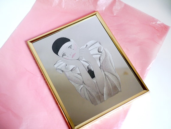 Vintage Pierrot Lady SPIEGEL/ 80er Jahre gold gerahmt verträumt Harlekin Lady Wandspiegel