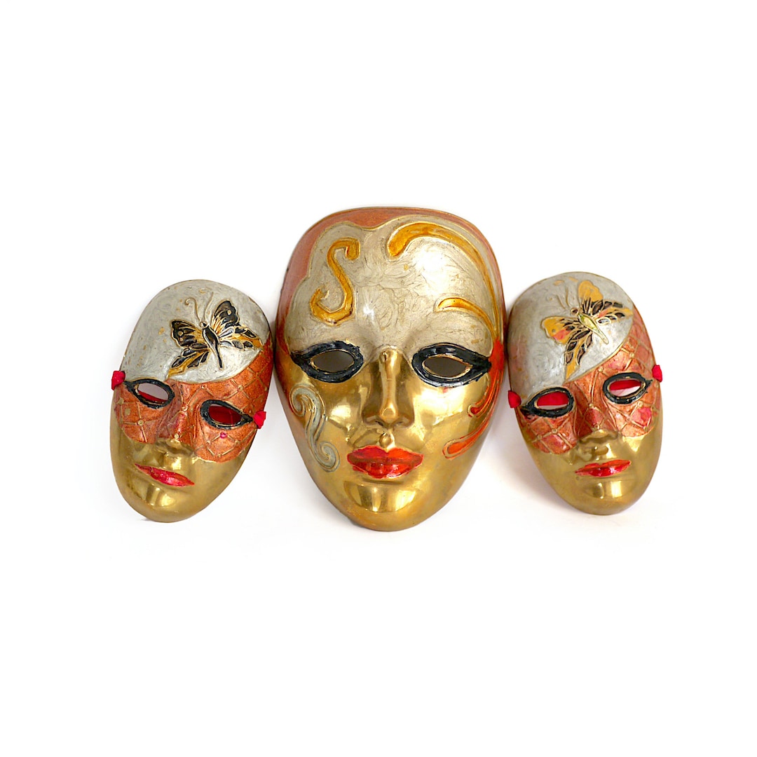 Venetian Brass Masks, Set of Three Charming Wall Decor Masks for ...