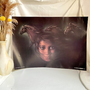 80s Art POSTER print, girl with Horses, THOROUGHBRED DREAM, by Joy Caros