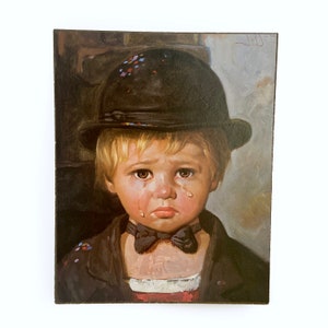 Kultiger Weinender Junge mit Hut Kunst: Entdecken Sie Bragolin&#39;s Vintage Meisterwerk Reproduktion auf Holz