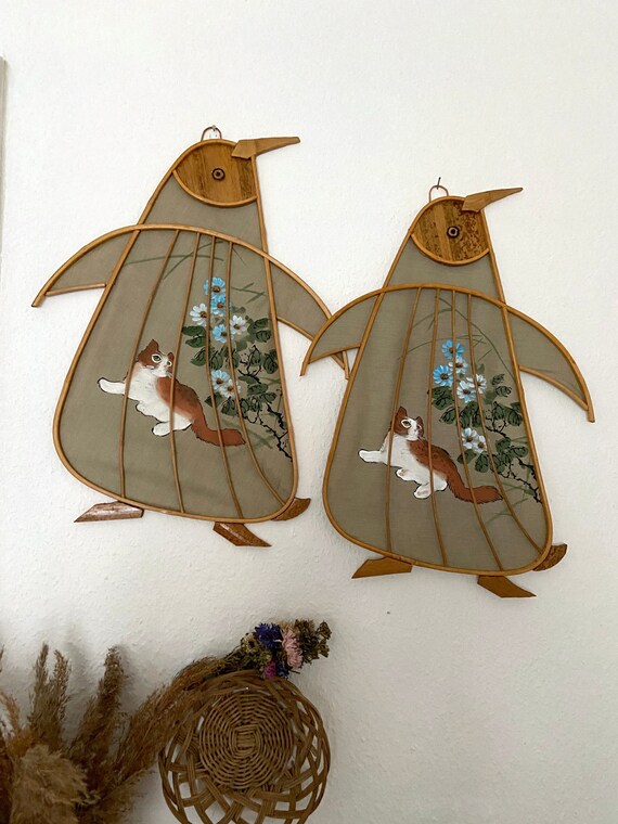 Orientalische Wandkunst, Vintage Boho Wandfcher, Bambus Pinguin Und  Bemalte Katze - Etsy