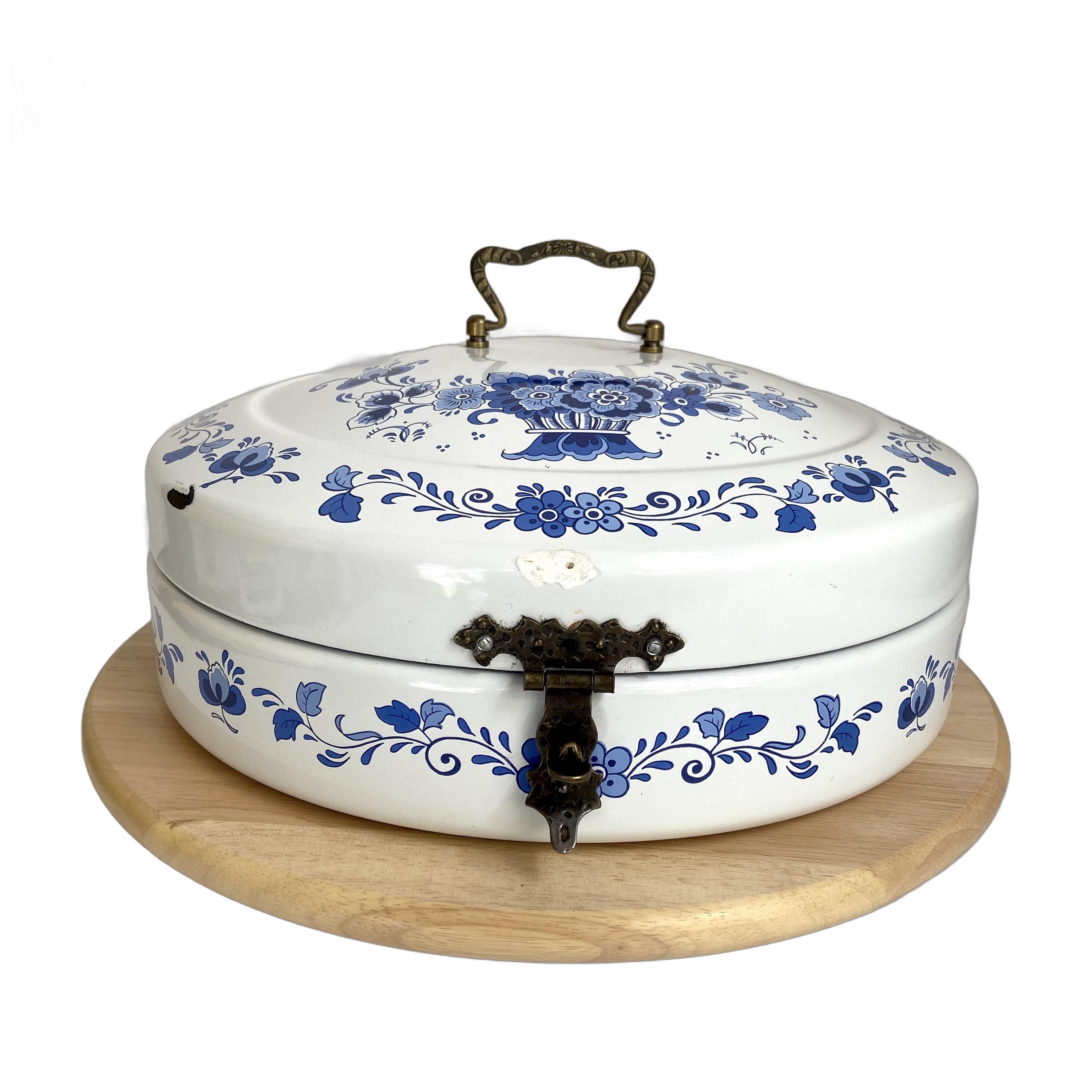 Nostalgic bread bowl - Vintage Round Enamel kitchen storage with floral Delft pattern