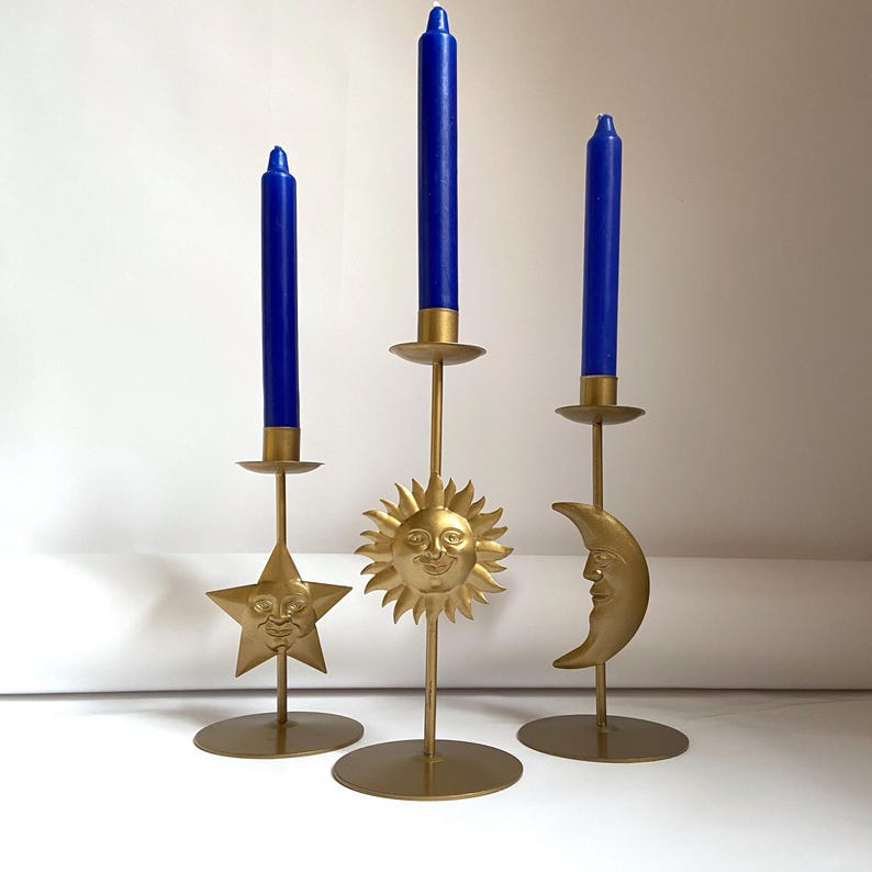 Golden Sun Moon Star candlestick / Vintage candlestick Set of 3