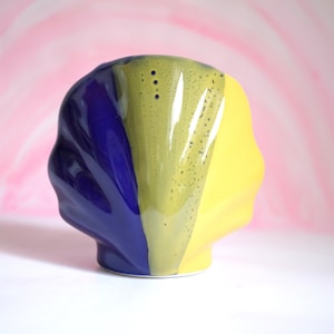 Vintage ceramic vase shell shaped, yellow and blue