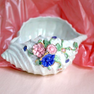 Large Shell shaped ceramic PLANTER with floral decor, iridescent