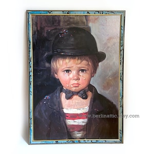 Vintage Bragolin Gemälde, Weinende Kinder, Junge mit Hut und Krawatte, 50 cm x 70 cm