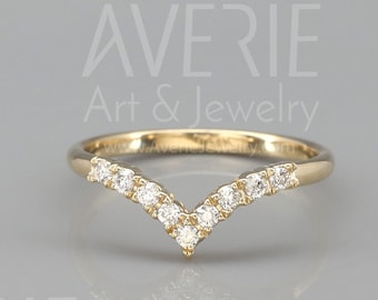 Conjunto de anillos de boda Wish Bone de oro de 14 quilates con diamantes / Anillo de boda apilable Wish Bone de diamantes / Anillo de compromiso Wish Bone de diamantes