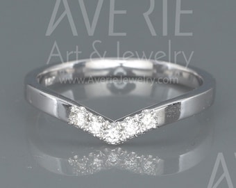Conjunto de anillos de boda Wish Bone de oro blanco de 14 quilates con diamantes / Anillo de boda apilable Wish Bone con diamantes / Anillo de compromiso Wish Bone con diamantes