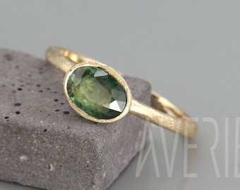 Natural Green sapphire gold ring | Handmade solid 14k gold ring set with a natural green sapphire gem