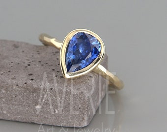 14k Gold Pear Blue Sapphire Ring | Natural Teardrop Blue Sapphire Stack Ring | Stackable Sapphire Ring | September birthstone ring