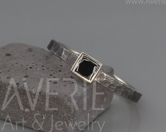 Anel de ouro branco 14k com diamante negro | Anel feito à mão em ouro branco 14k maciço com diamante negro lapidado princesa | Anel de diamante negro