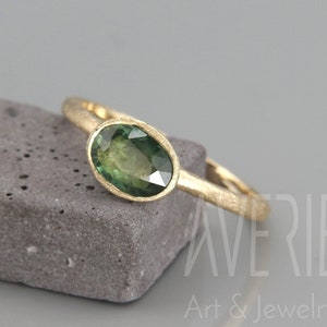 Natural Green sapphire gold ring | Handmade solid 14k gold ring set with a natural green sapphire gem