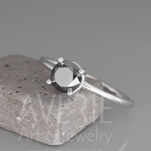 Handmade 14k White Gold Black Diamond Ring, Brilliant Cut Diamond Accent, Unique and Elegant Jewelry for Special Occasions