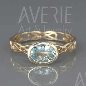 Celtic Aquamarine Ring | Handmade 14k Gold Celtic Knot ring set with a natural Aquamarine stone | March&#39;s Birthstone Aquamarine Ring