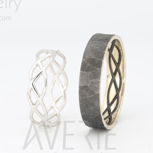 14K White Gold Black and Bright Celtic Wedding Rings Set | Handmade 14k white gold Celtic wedding Rings | His and Hers Wedding Bands Set