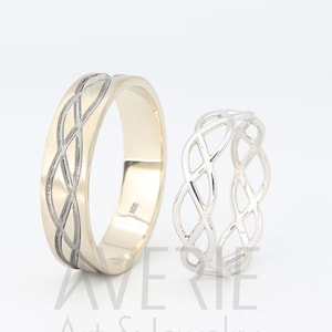 14K White Gold Black and Bright Celtic Wedding Rings Set | Handmade 14k white gold Celtic wedding Rings | His and Hers Wedding Bands Set