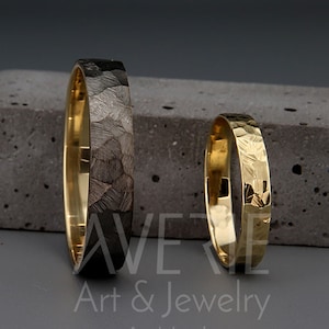 Schwarz und hell 14k Gold facettierte Eheringe Set | 14k Schwarzgold strukturiert facettierte Sein und Seine Eheringe eingestellt 3 mm, 4 mm, 5 mm, 6 mm
