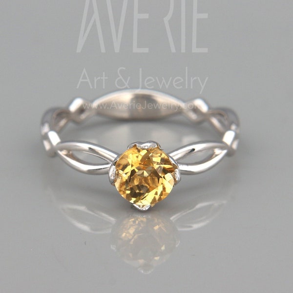 Celtic Citrine Engagement Ring  | 14k White gold ring set with natural Citrine