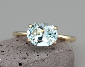 14k Gold Aquamarine Ring | Solid 14k Gold Aquamarine Solitaire Ring | Aquamarine March Birthstone Ring