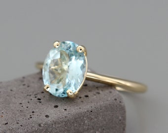 14k Gold Aquamarine Ring | 14k Gold Aquamarine Solitaire Ring | Aquamarine March Birthstone Ring