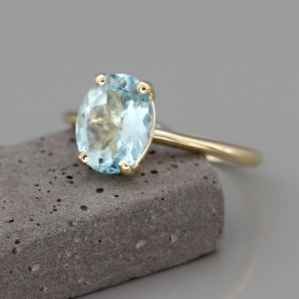 14k Gold Aquamarine Ring | 14k Gold Aquamarine Solitaire Ring | Aquamarine March Birthstone Ring