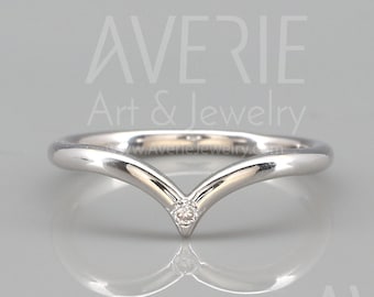 Anillo de boda Wish Bone con diamante / Anillo de boda Wish Bone de oro blanco de 14k con diamante / Anillo de boda apilable