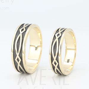 14K Gold Black and Bright Celtic Wedding Rings Set | Handmade 14k gold Eternity wedding Rings | His and Hers Wedding Bands Set