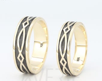 Conjunto de alianças de casamento celtas em ouro 14k preto e brilhante | Alianças de casamento eternas feitas à mão em ouro 14k | Conjunto de alianças de casamento para ele e para ela