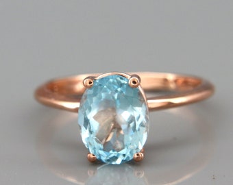14k Rose Gold Aquamarine Ring | Rose Gold Aquamarine Solitaire Ring | Aquamarine March Birthstone Ring