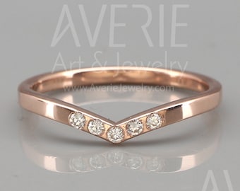 Conjunto de anillos de boda Wish Bone de oro rosa de 14 quilates con diamantes / Anillo de boda apilable Wish Bone con diamantes / Anillo de compromiso Wish Bone con diamantes