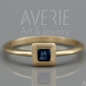 14k Gold Blue Sapphire Ring | solid 14k gold ring set with princess cut  blue sapphire | Square sapphire ring