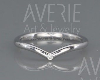 Anillo de boda Wish Bone con diamante / Anillo de boda Wish Bone de oro blanco de 14k con diamante / Anillo de boda apilable