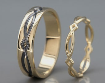 Conjunto de alianças de casamento em ouro 14k | Alianças de casamento artesanais em ouro 14k | Conjunto de alianças para ele e para ela | Conjunto de alianças em ouro negro