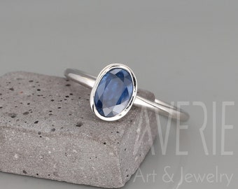 14k White Gold Ring set with Blue Sapphire | Handmade solid 14k white gold ring set with a natural blue sapphire | Oval blue Sapphire Ring