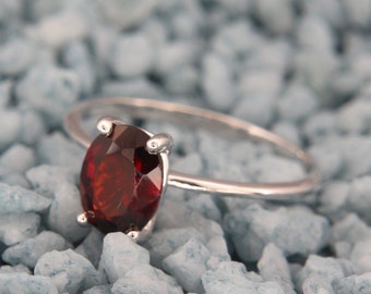 14k White Garnet Ring | Solid Gold Garnet Solitaire Ring | Garnet January Birthstone Ring